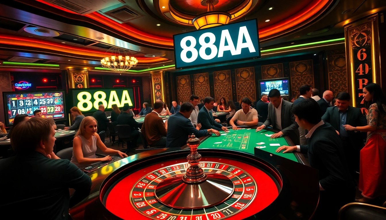 Exciting scene at a casino table with players enjoying 88AA betting, showcasing vibrant poker action and colorful chips.