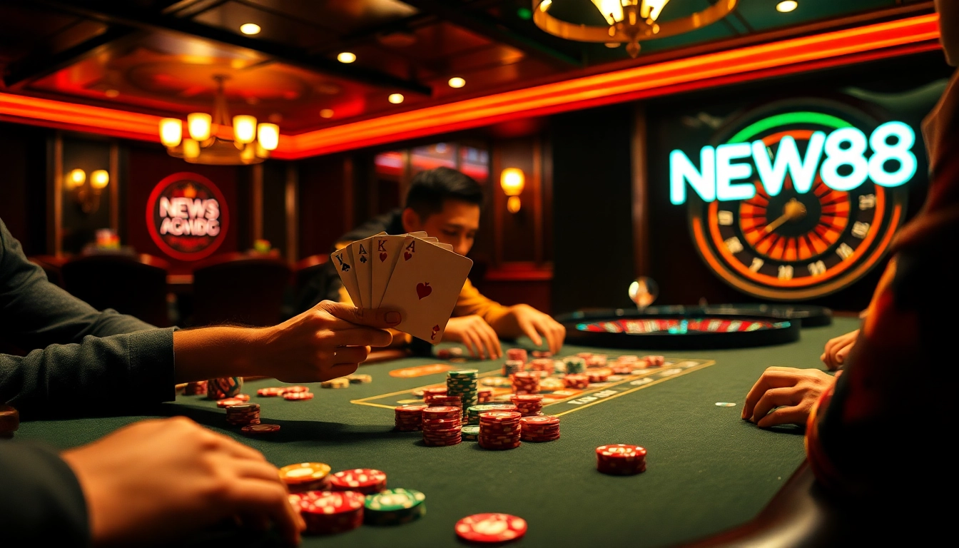 Experience the thrill of NEW88 at a high-stakes poker game, showcasing vibrant poker chips and cards.