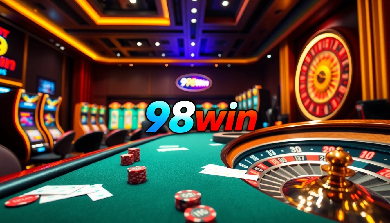 Experience the thrill of the game at 98win with a lively casino scene featuring poker and slot machines.