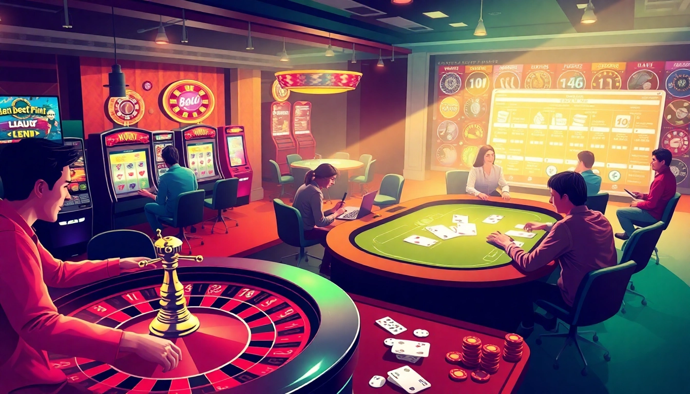 Experience the glamour of online gambling with i1dompet, showcasing vibrant slot machines and poker tables.