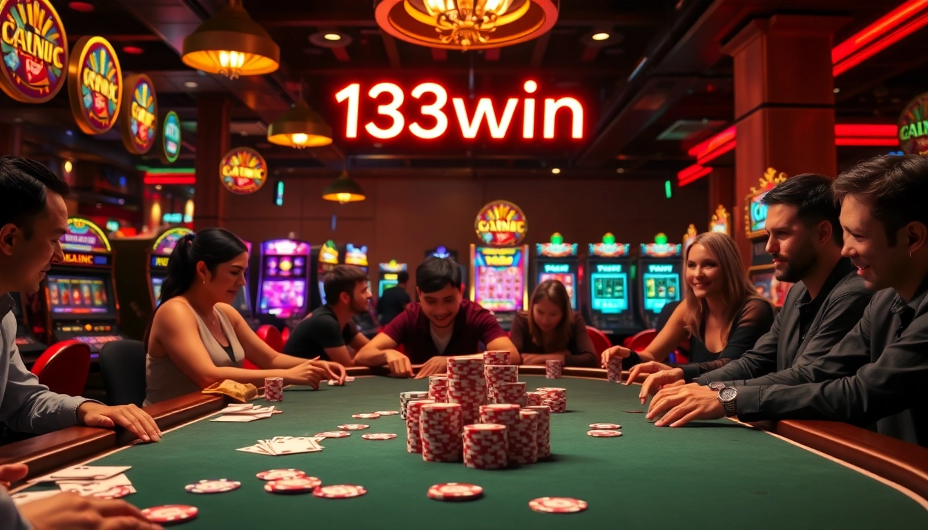 Exciting poker game at 13win casino, featuring colorful chips and cards on a luxurious table.