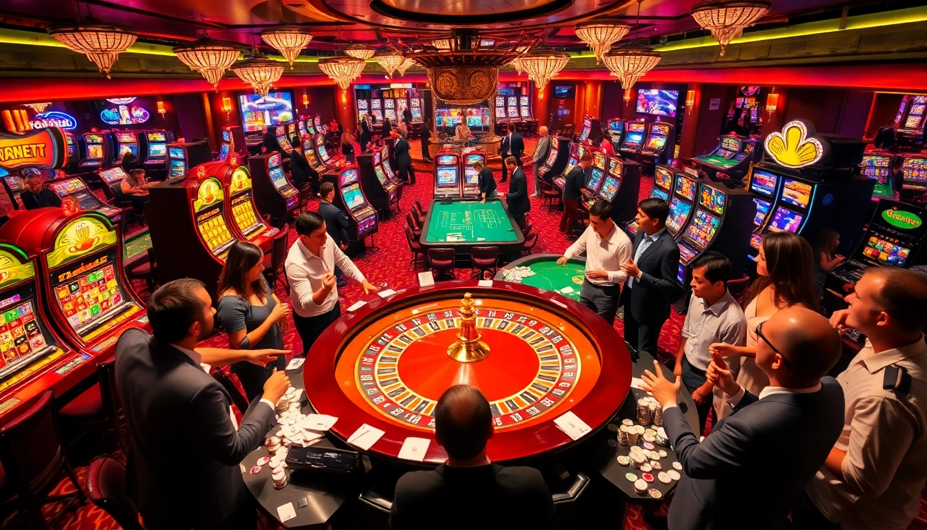 Players experiencing thrilling games at 789ff biz casino, surrounded by vibrant slot machines and roulette tables.