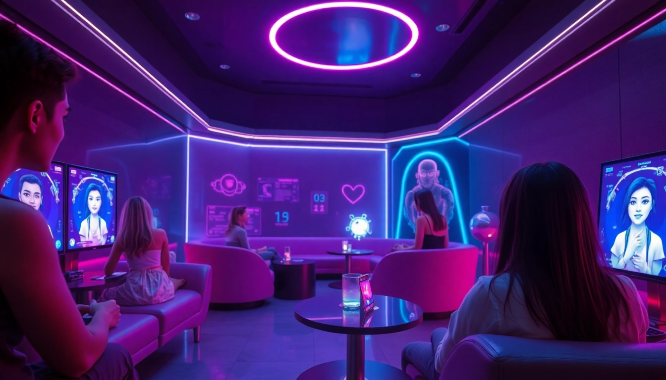 Engaging scene showcasing AI sex chat free interactions with personalized avatars in a futuristic lounge.