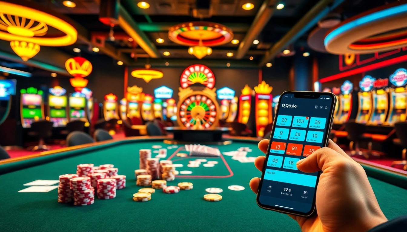 Experience the thrill of gambling at https://qq88.to/ showcasing a lively poker table with vibrant chips and cards.