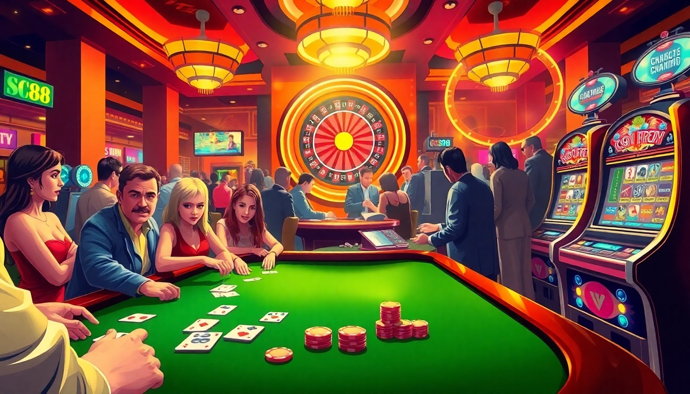 SC88 showcases an exciting poker game with engaged players, vibrant casino atmosphere, and captivating roulette wheel.